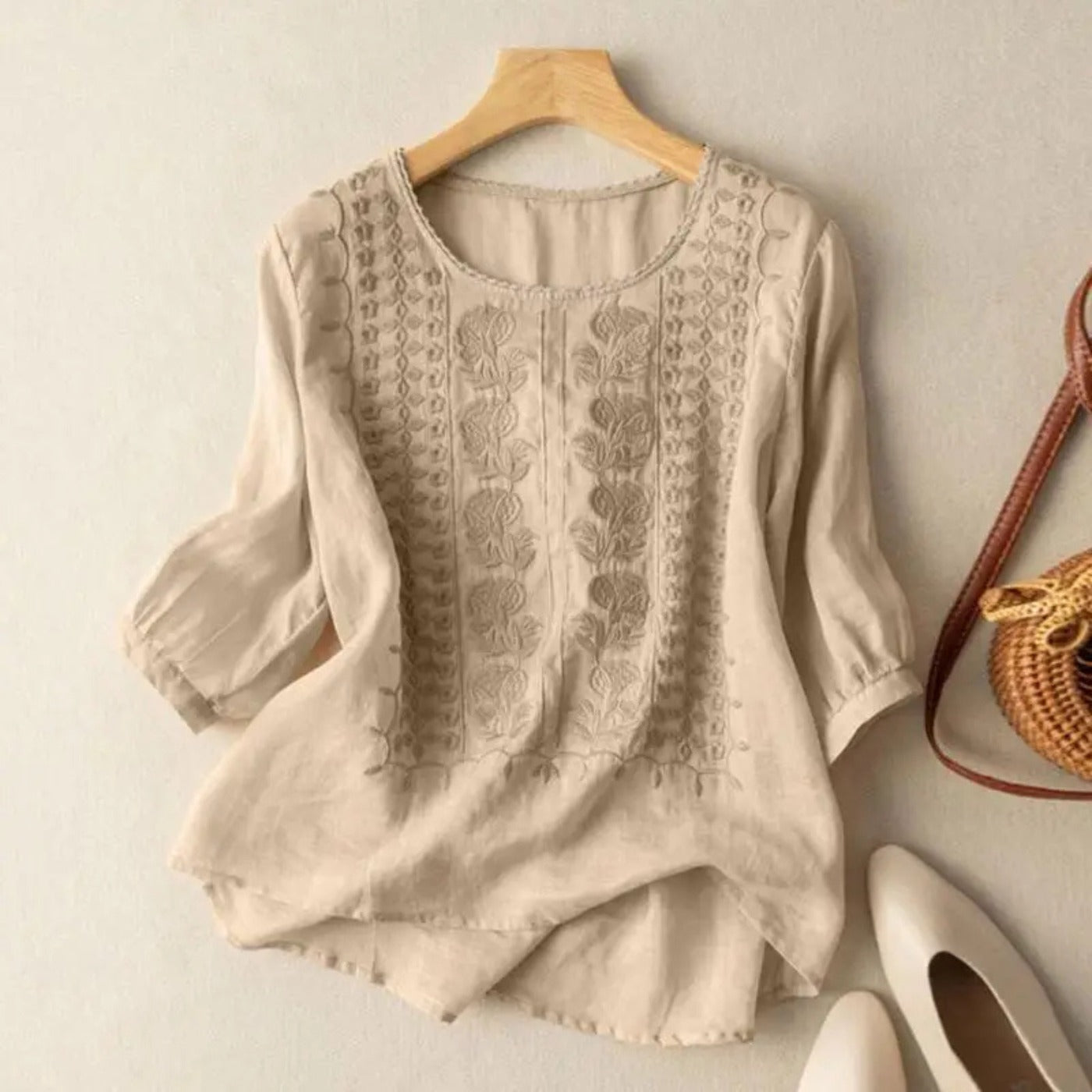 Boho Embroidered Tunic Blouse - Beige
