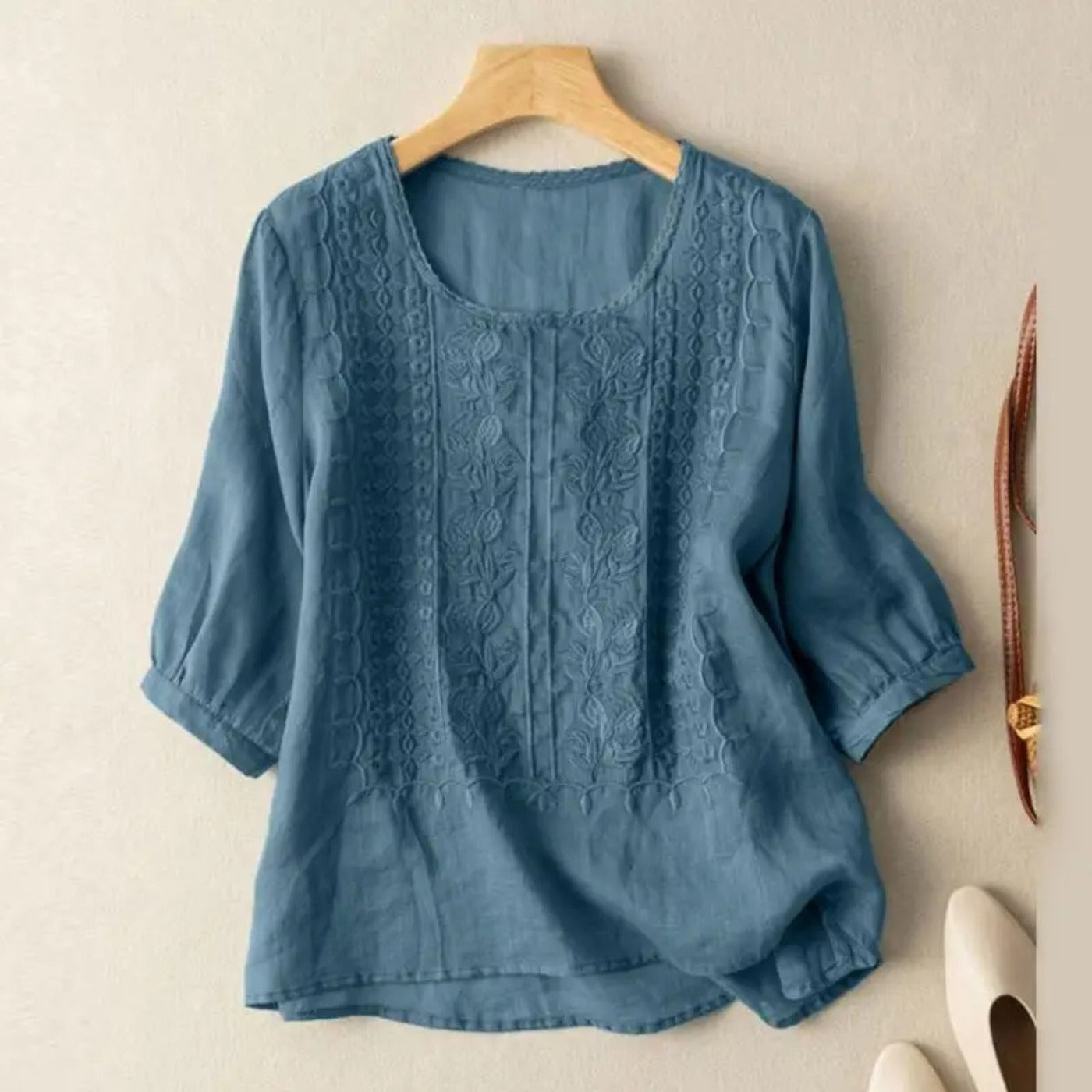 Boho Embroidered Tunic Blouse - Dusty Blue