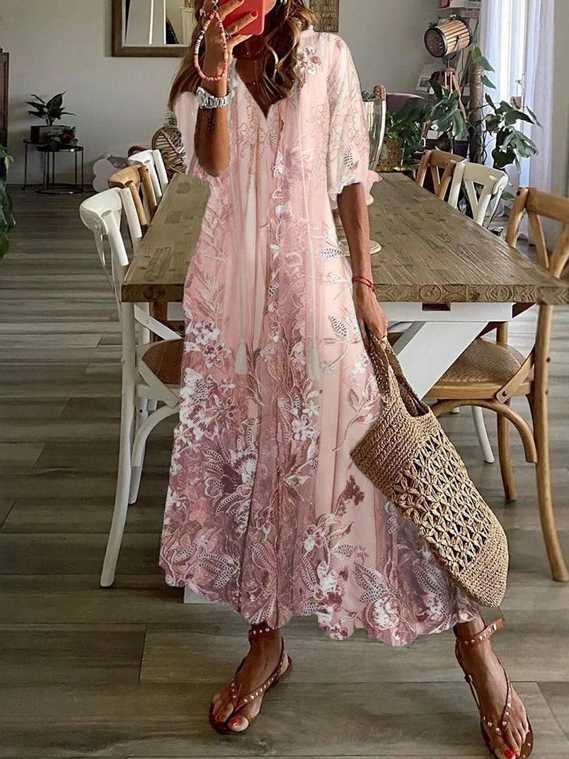 Boho Floral Maxi Dress - Pink