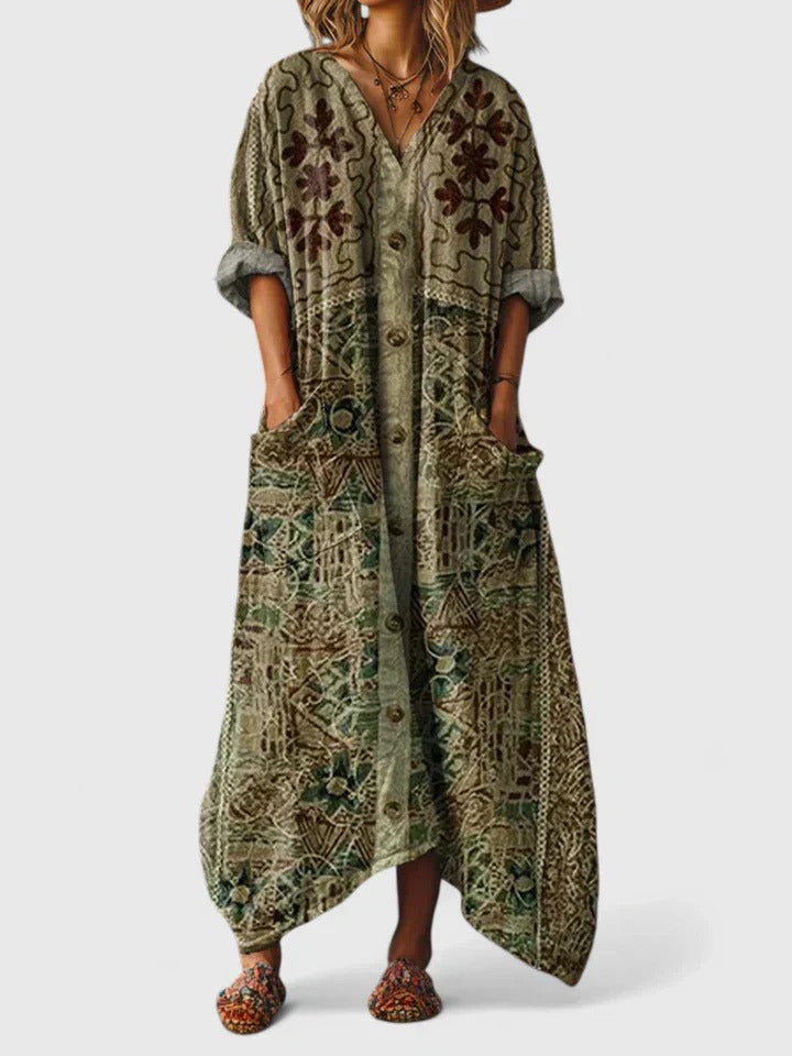 Boho Kaftan Maxi Dress - Olive Green