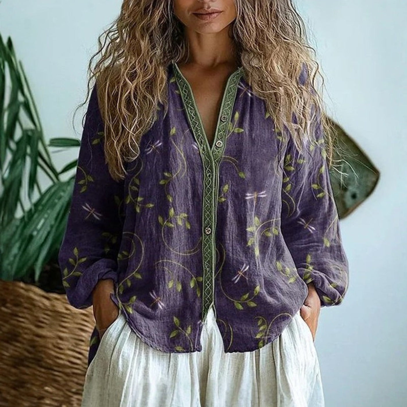 Boho Printed Long Sleeve Blouse - Purple