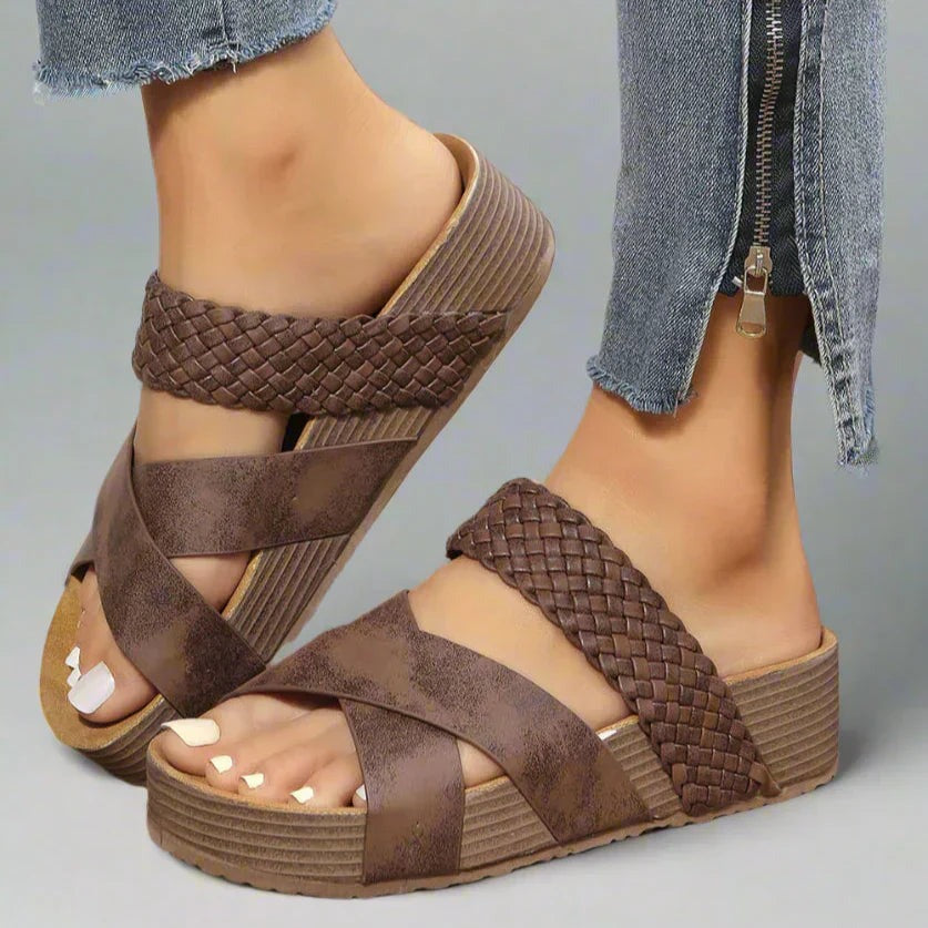 Braided Platform Slide Sandals - Brown