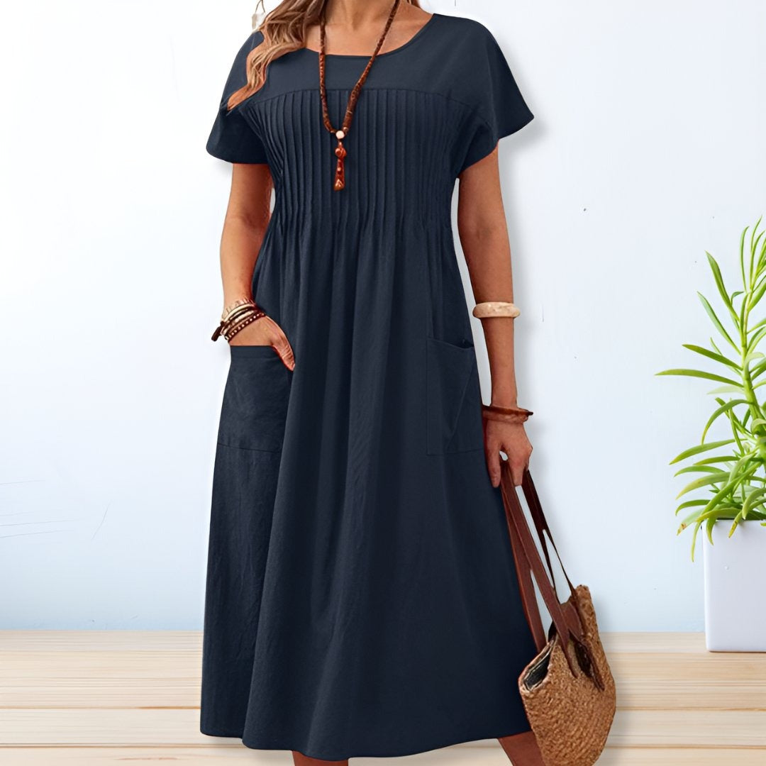 Casual Pleated Maxi Dress - Blue