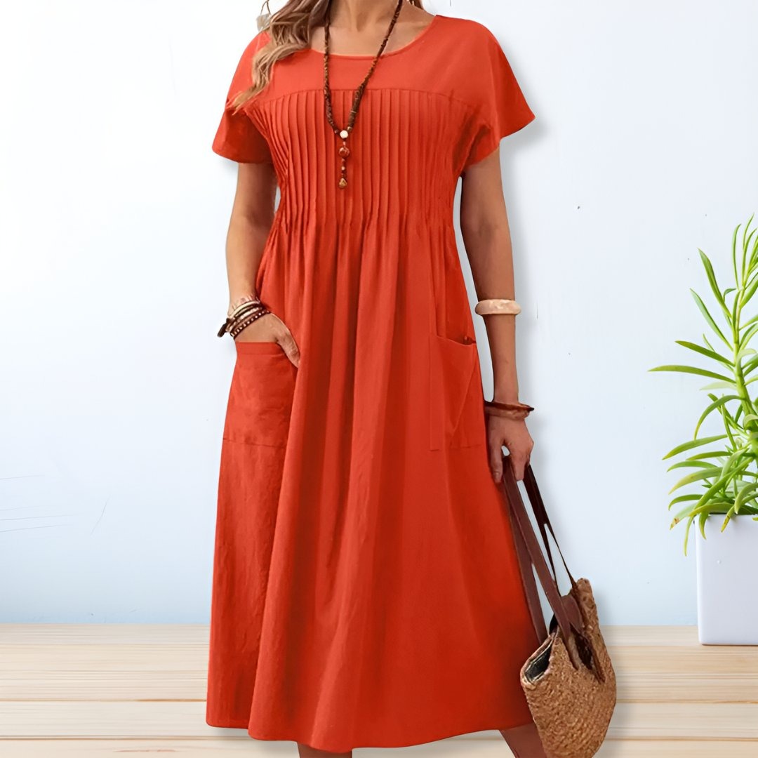 Casual Pleated Maxi Dress - Orange
