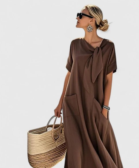 Casual Short Sleeve Maxi Dress - Brown