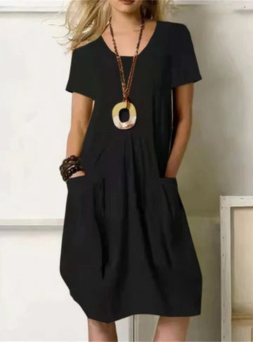 Casual Short Sleeve Shift Dress - Black