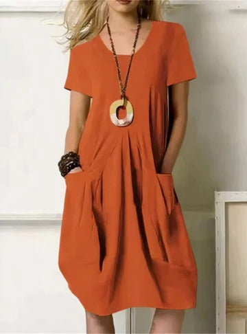 Casual Short Sleeve Shift Dress - Rust