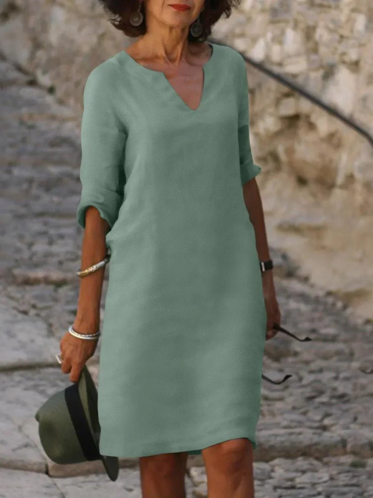 Casual V Neck Shift Dress - Green