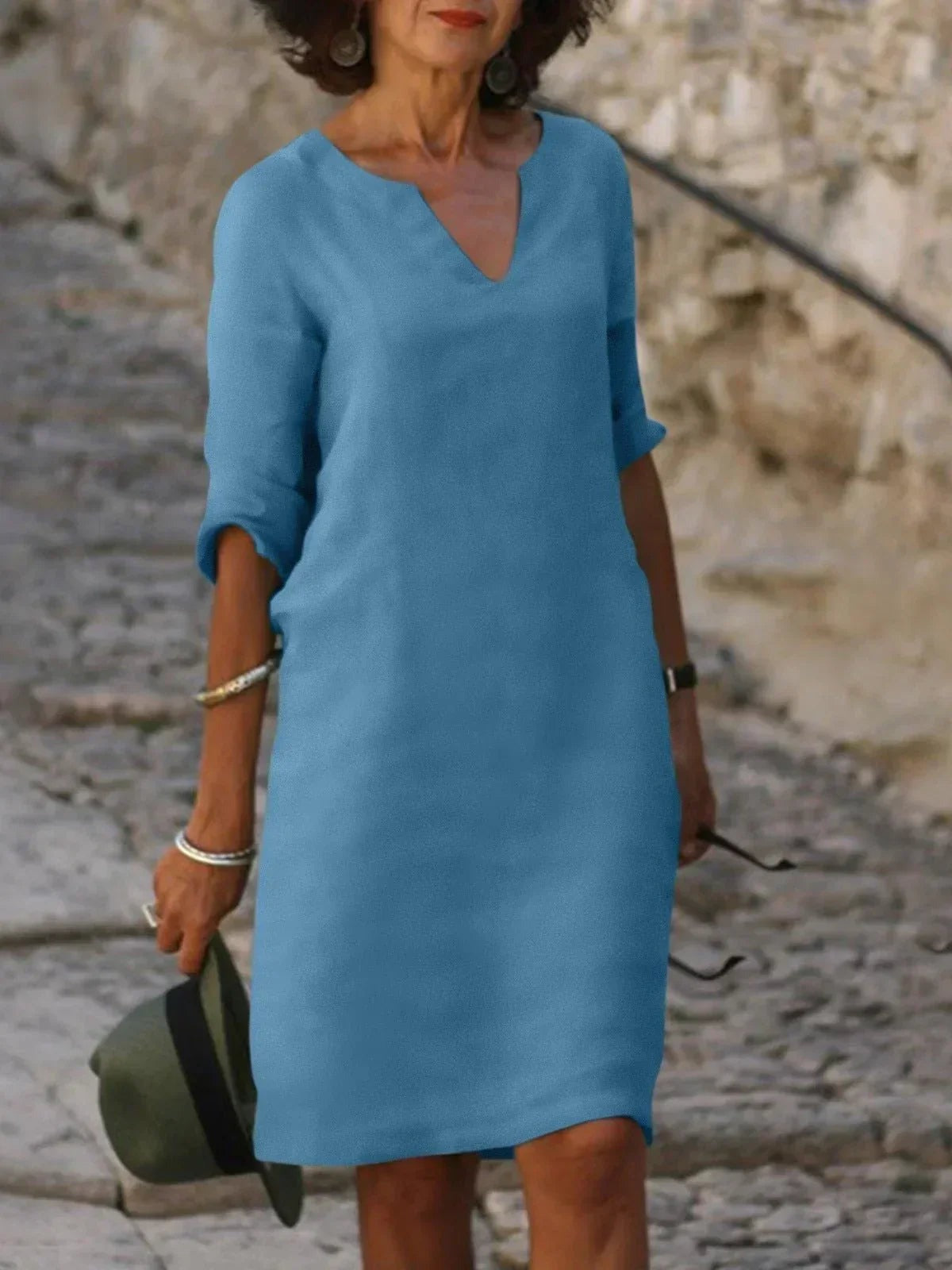 Casual V Neck Shift Dress - Sky Blue