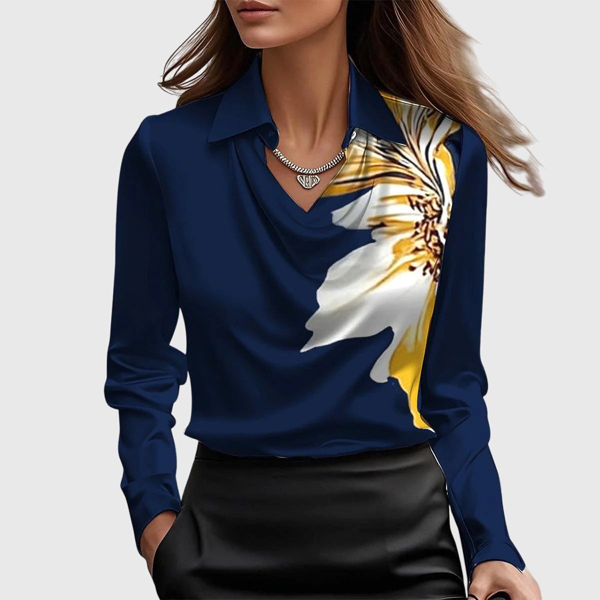 Cowl Neck Long Sleeve Blouse - Dark Blue