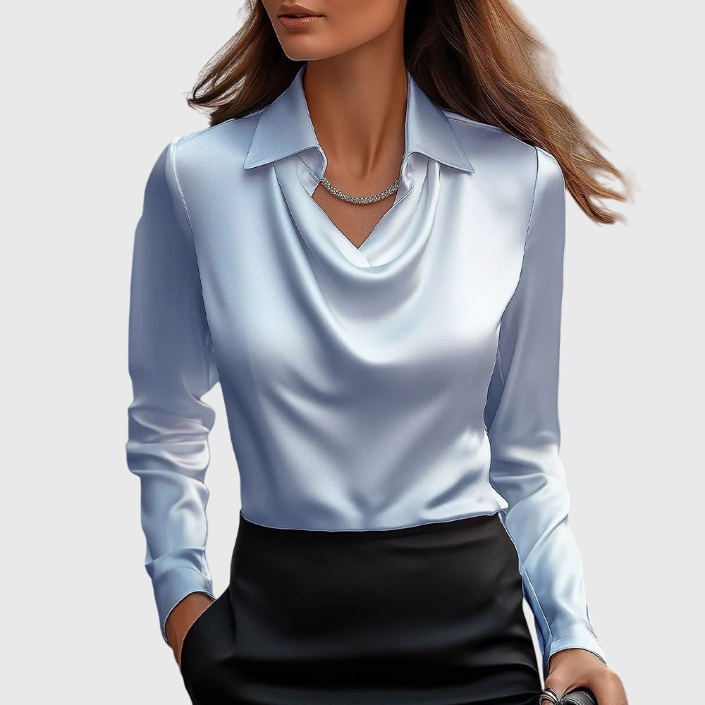 Cowl Neck Long Sleeve Blouse - Light Blue