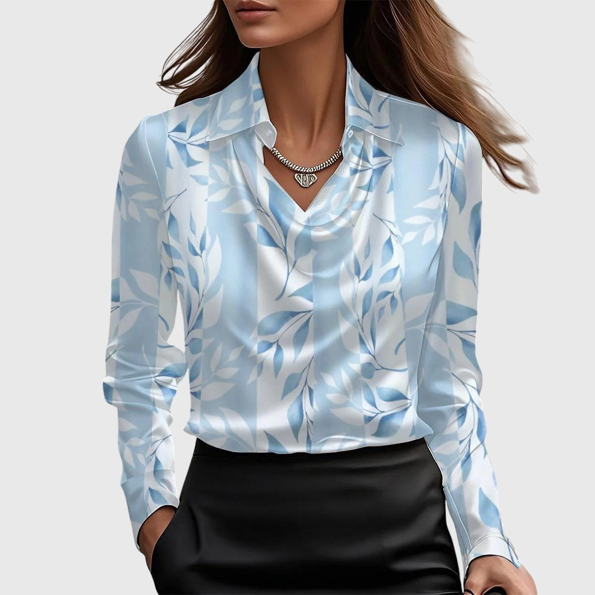 Cowl Neck Long Sleeve Blouse - Light Blue Floral