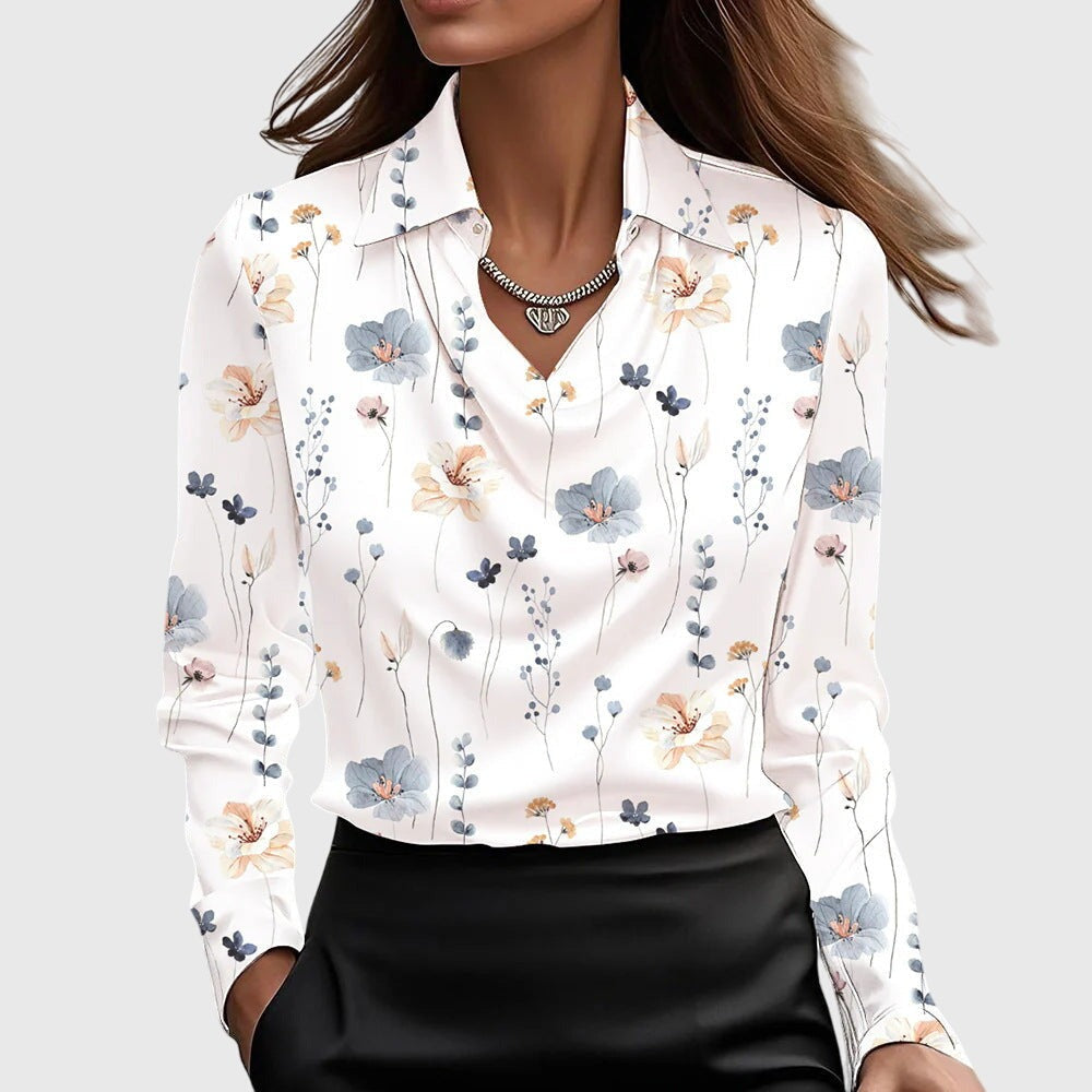 Cowl Neck Long Sleeve Blouse - White Floral