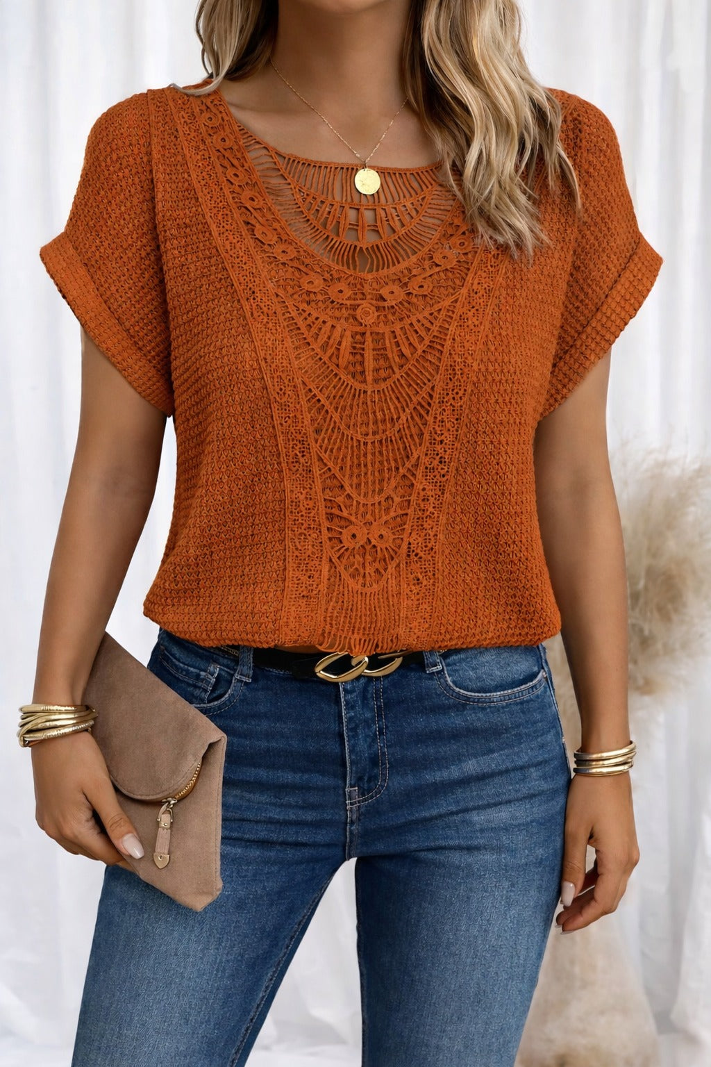 Crochet Short Sleeve Top - Orange
