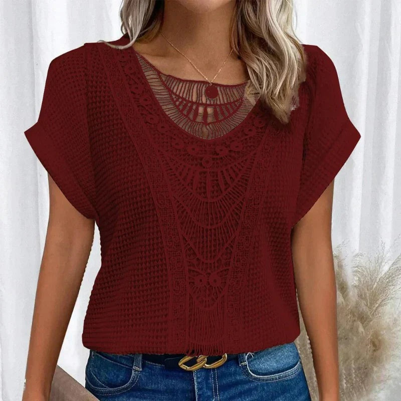 Crochet Short Sleeve Top - Red