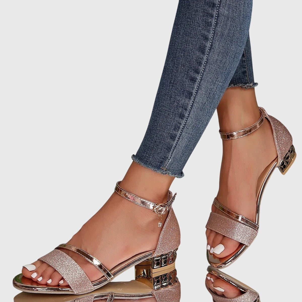 Embellished Block Heel Sandals - Rose gold (Almost sold out)