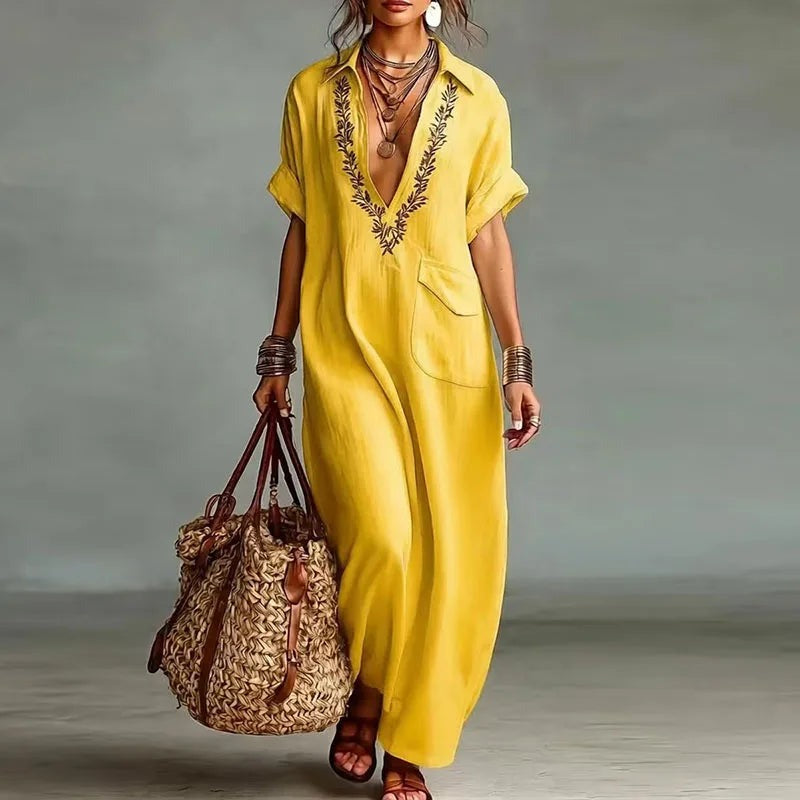 Embroidered Boho Maxi Dress - Yellow