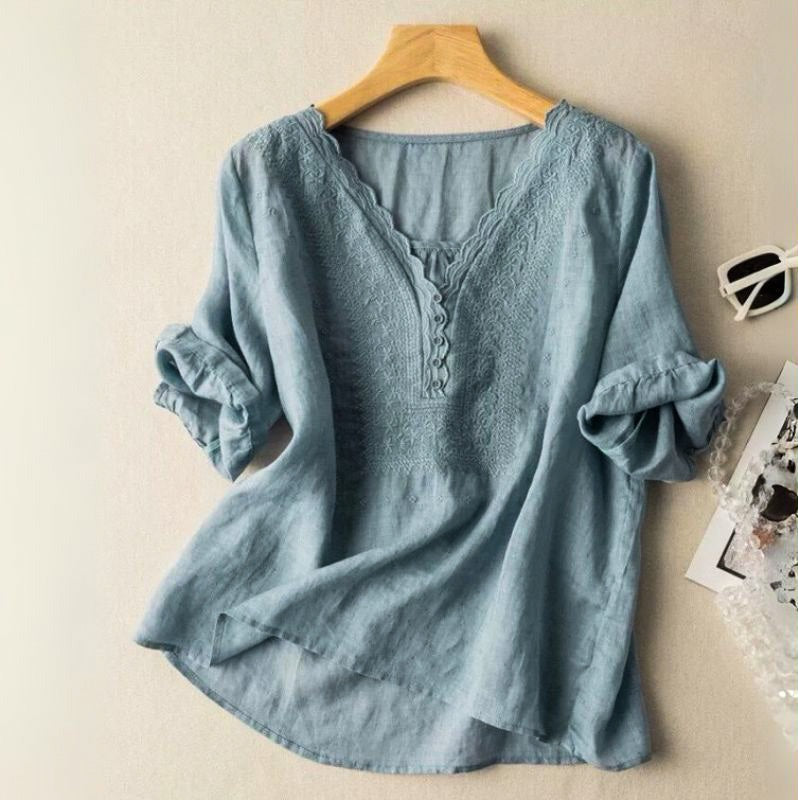 Embroidered V Neck Blouse - Capri Blue