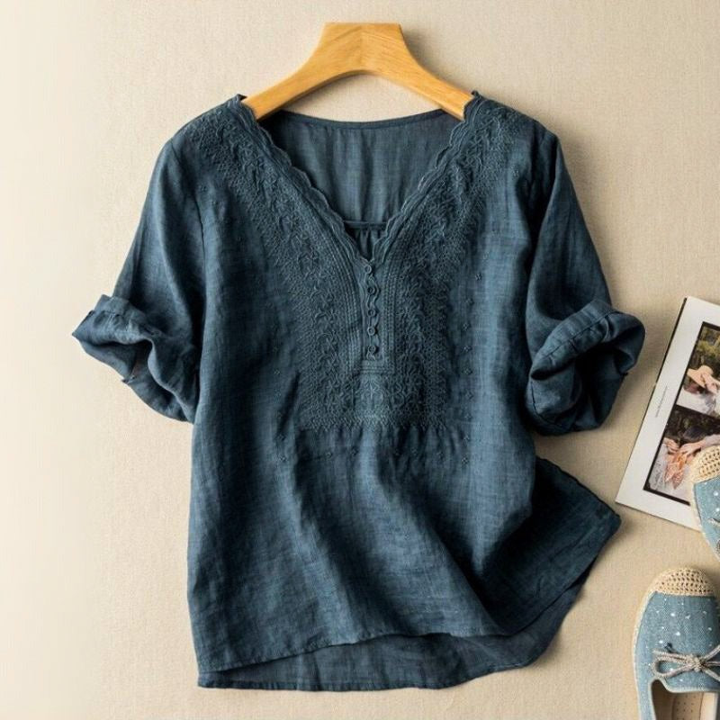 Embroidered V Neck Blouse - Navy Blue