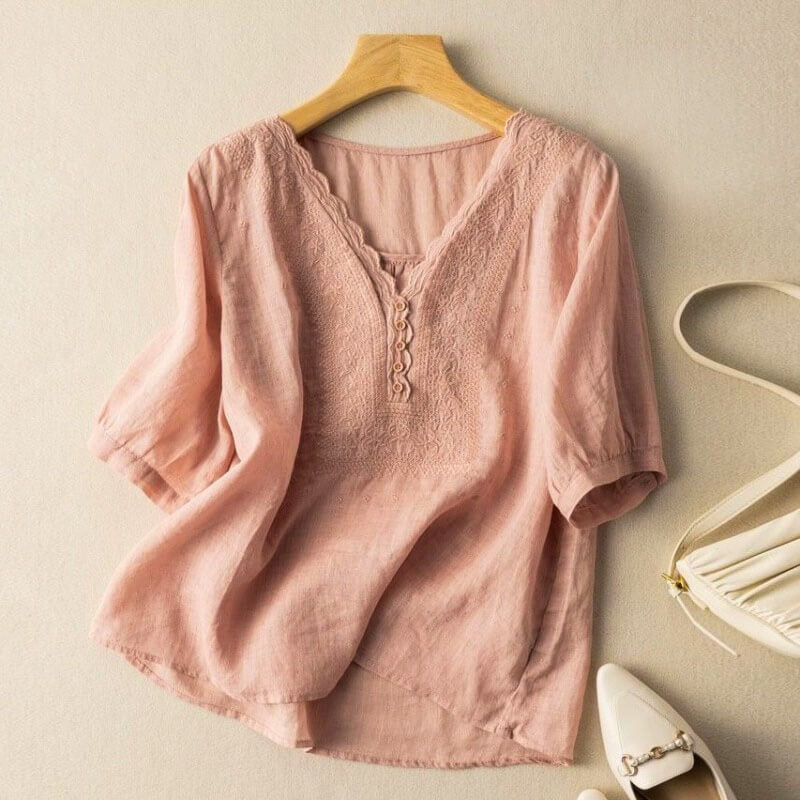 Embroidered V Neck Blouse - Rose Pink