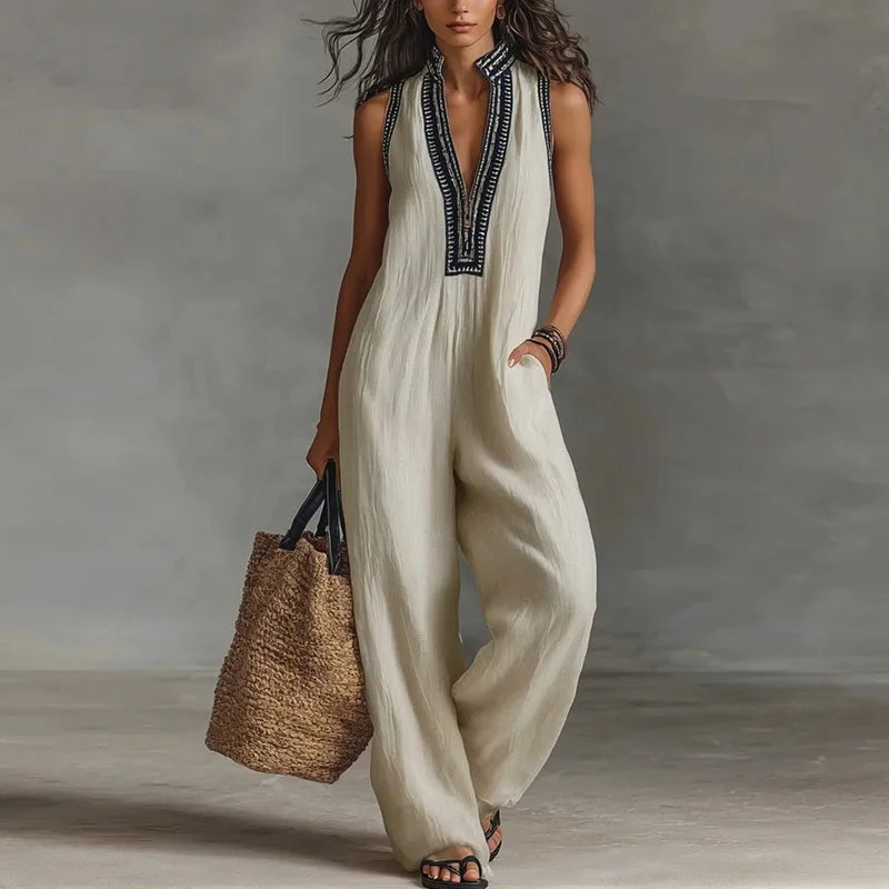 Embroidered Wide Leg Jumpsuit - Beige