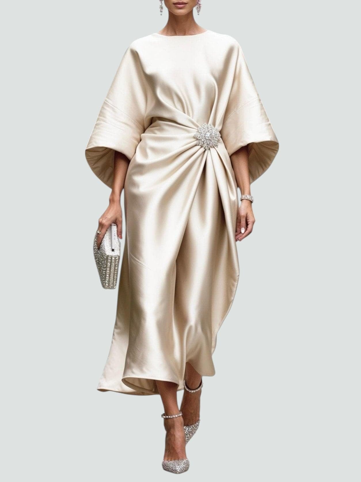 Evening Formal Midi Dress - Khaki