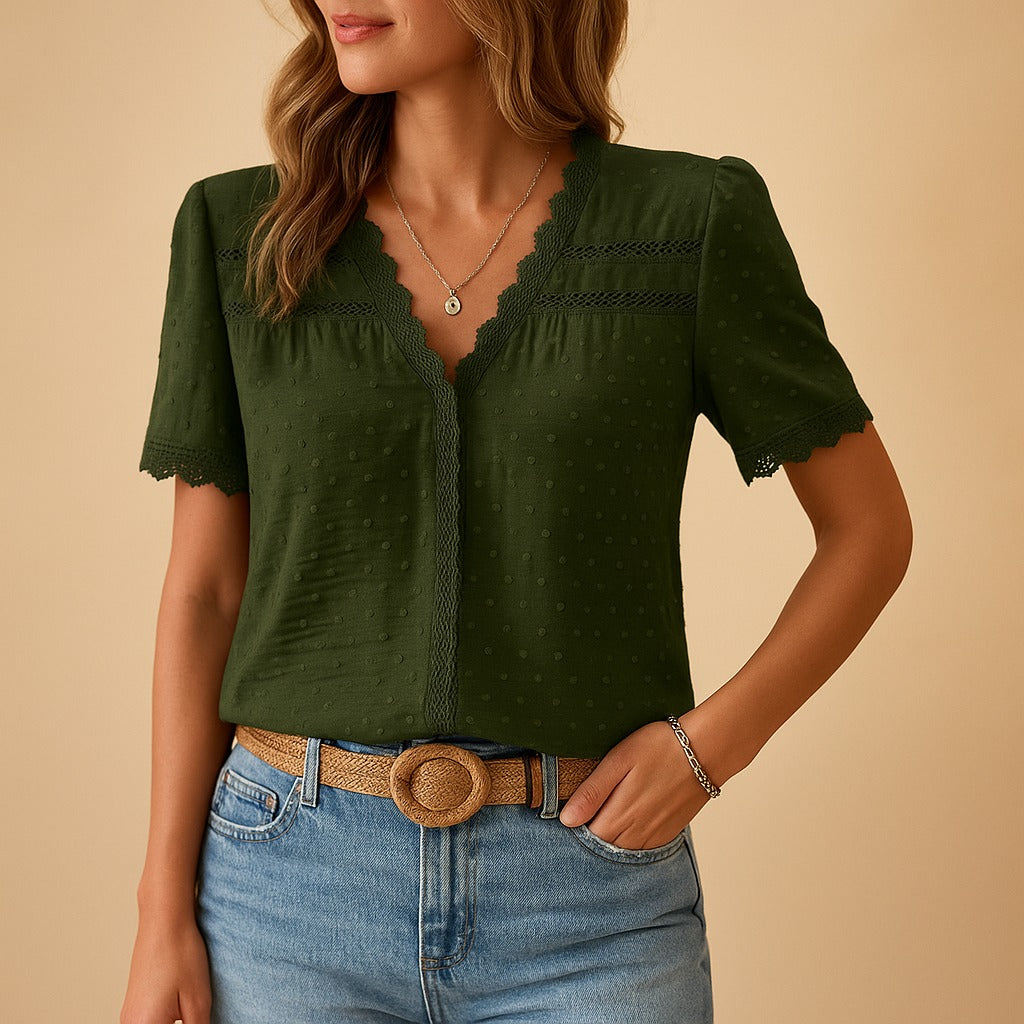 Eyelet V Neck Top - Army Green