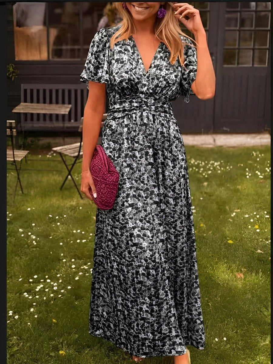 Floral Flutter Sleeve Maxi Dress - Black