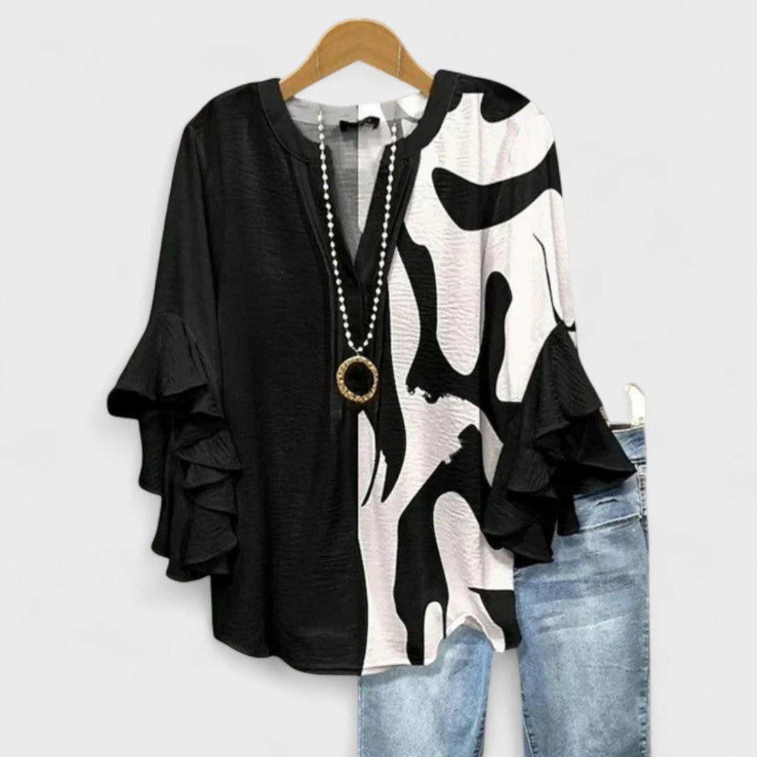 Floral Ruffle Sleeve Blouse - Black