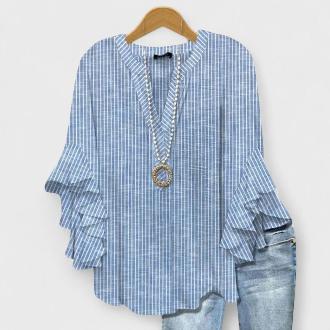 Floral Ruffle Sleeve Blouse - Blue