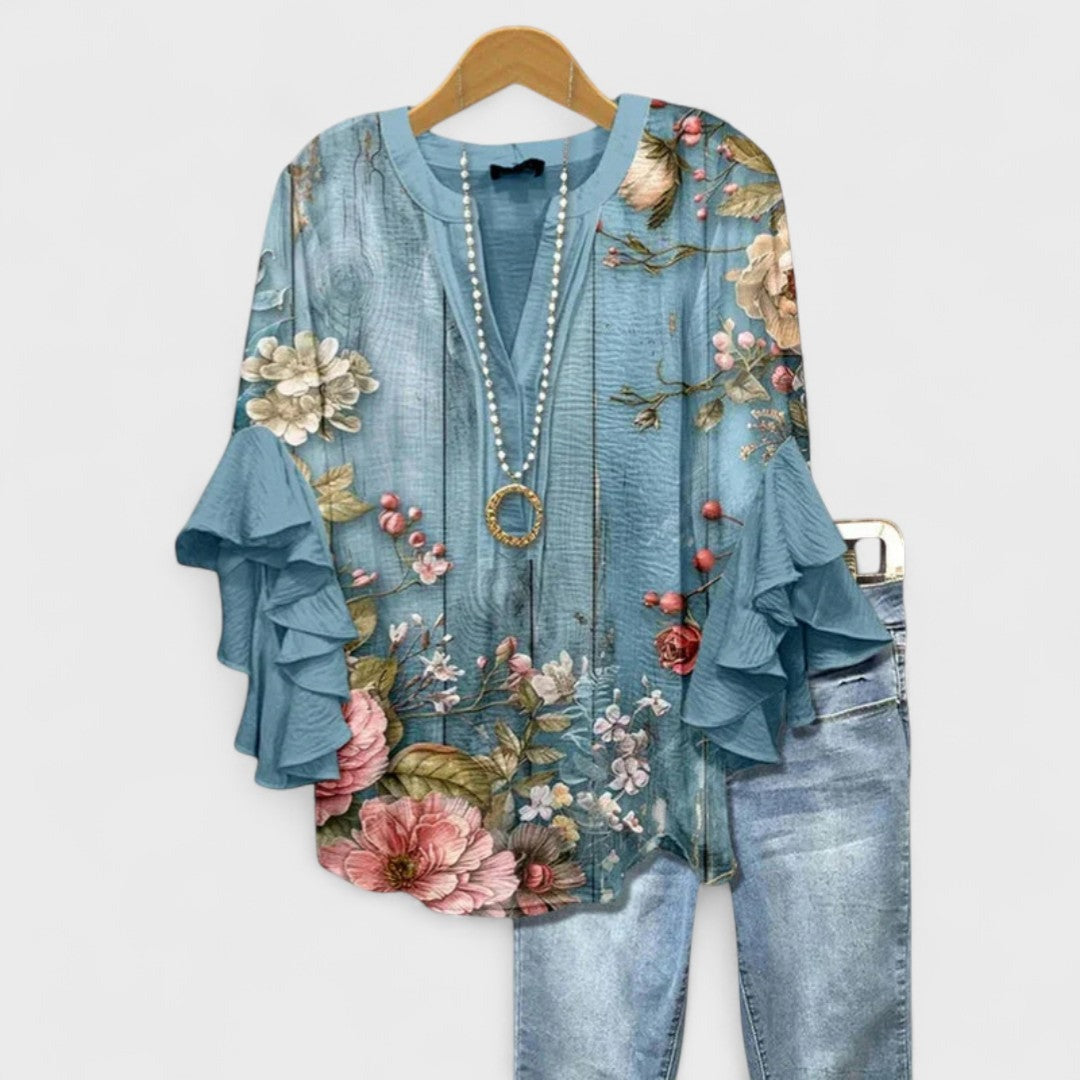 Floral Ruffle Sleeve Blouse - Blue Floral