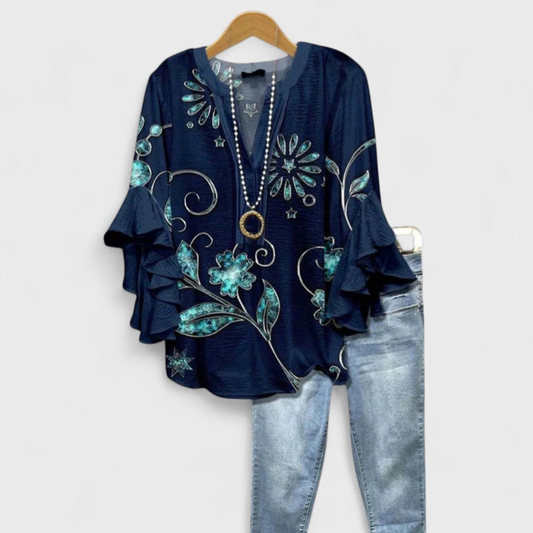 Floral Ruffle Sleeve Blouse - Dark Blue