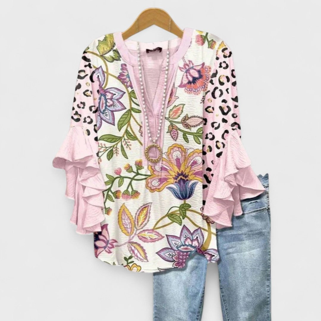 Floral Ruffle Sleeve Blouse - Pink