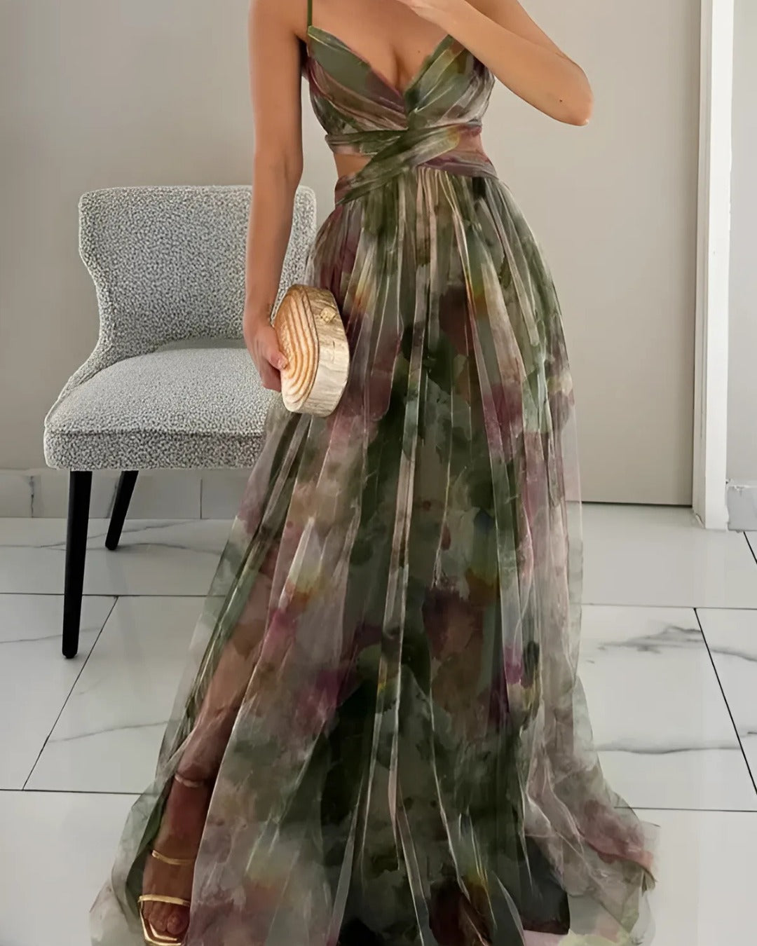 Floral Tulle Maxi Dress - Green
