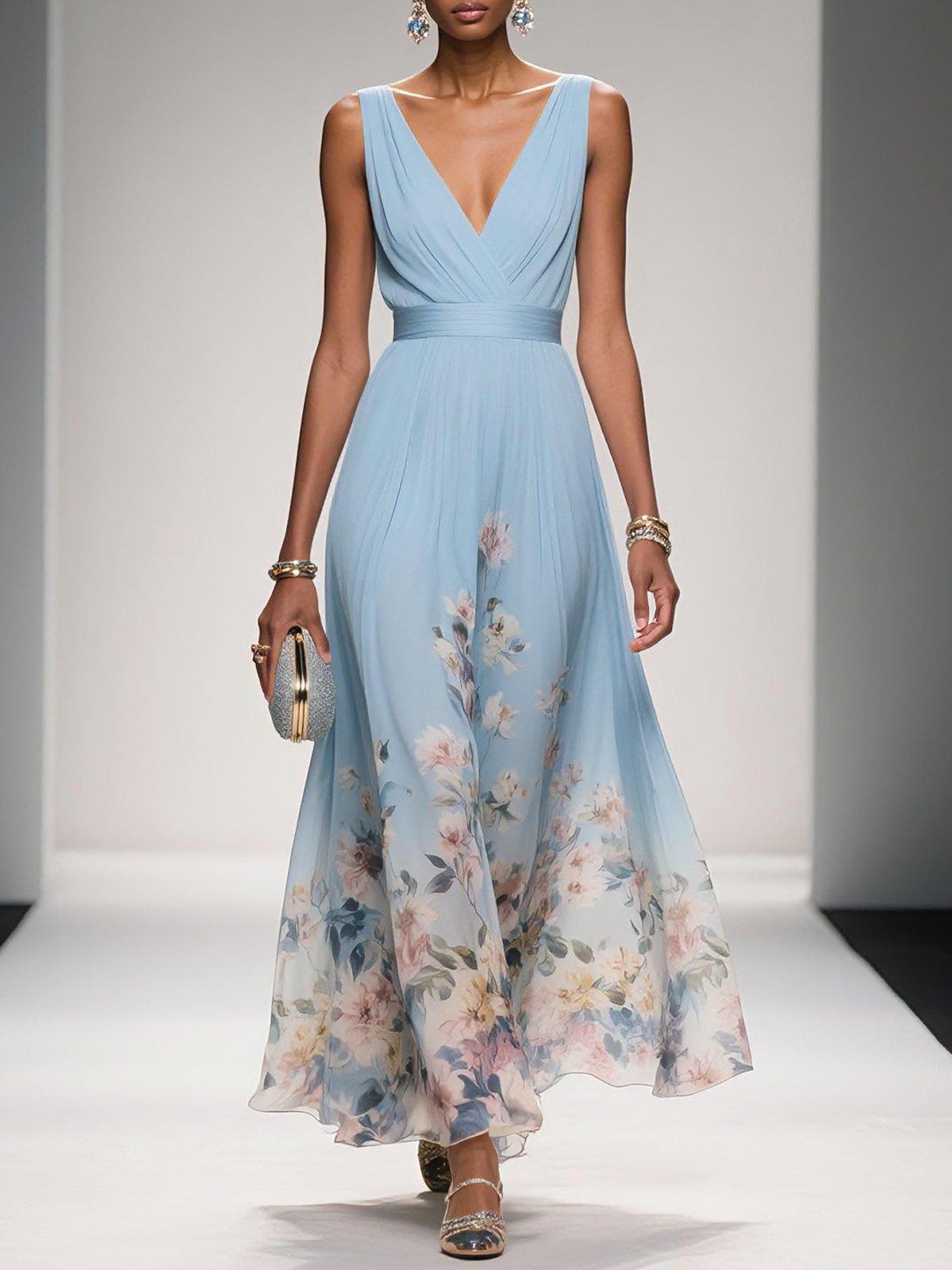 Floral Wedding Guest Maxi Dress - Light Blue