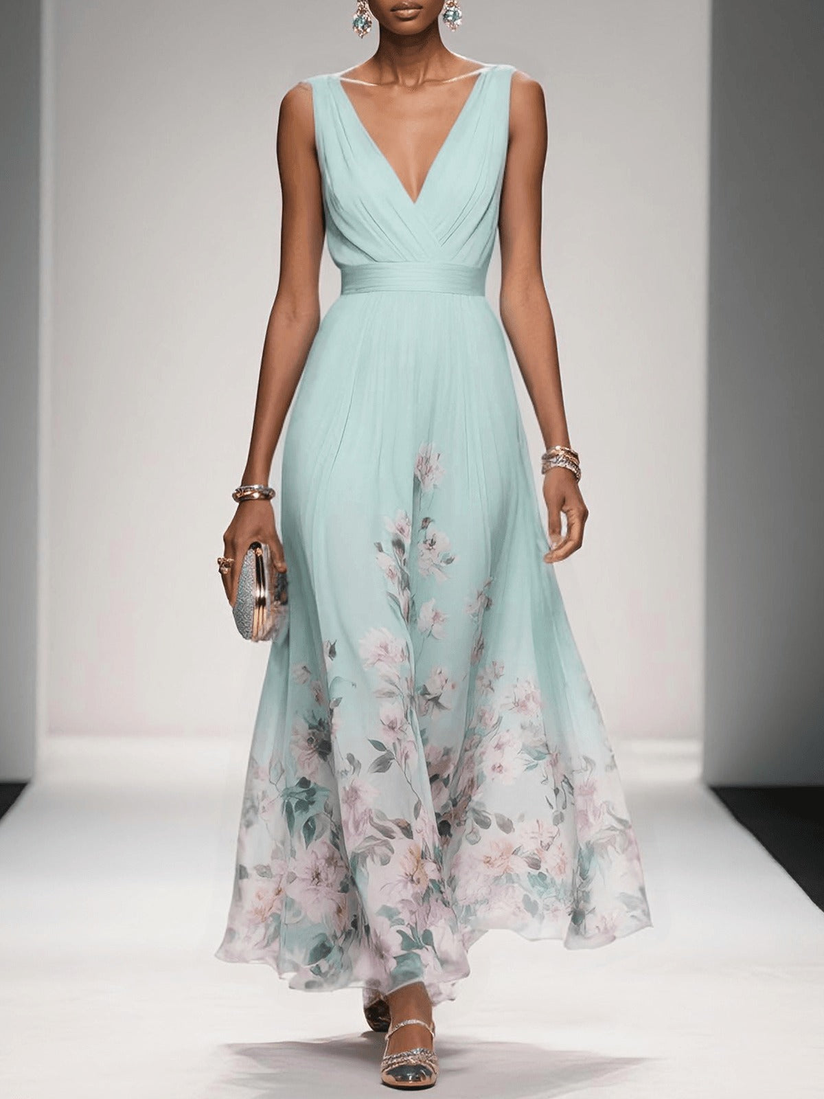 Floral Wedding Guest Maxi Dress - Light Green