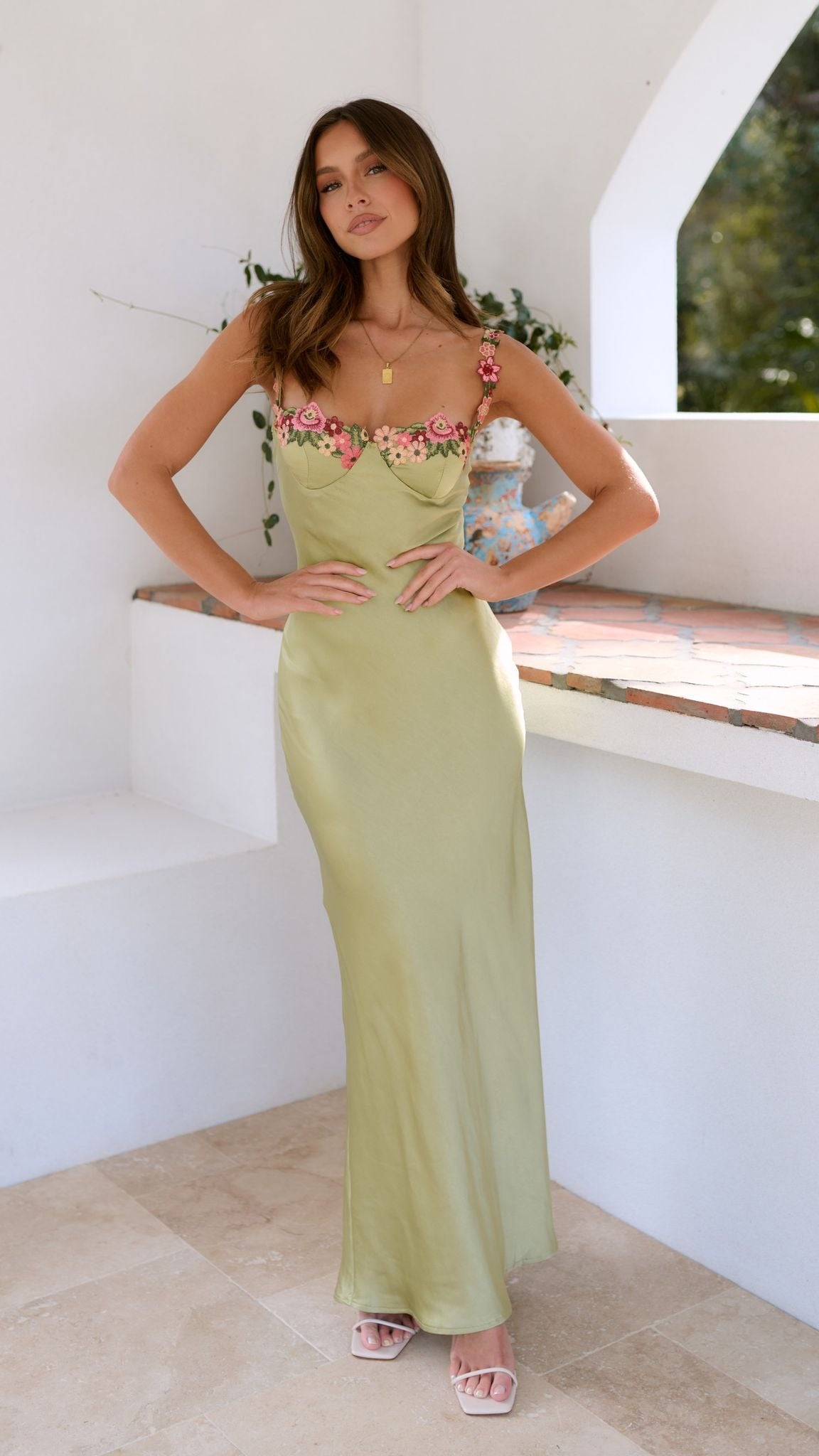 Floral Wedding Guest Maxi Dress - Lime