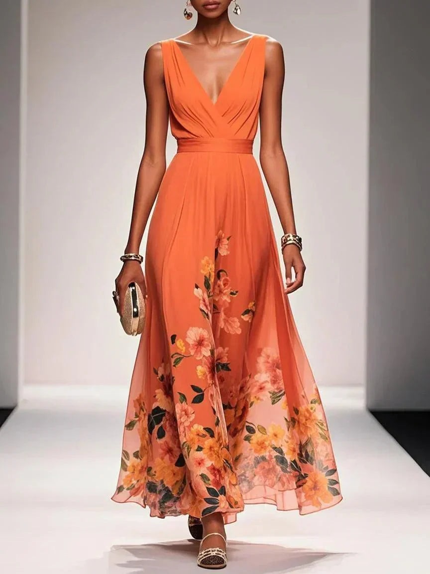 Floral Wedding Guest Maxi Dress - Orange