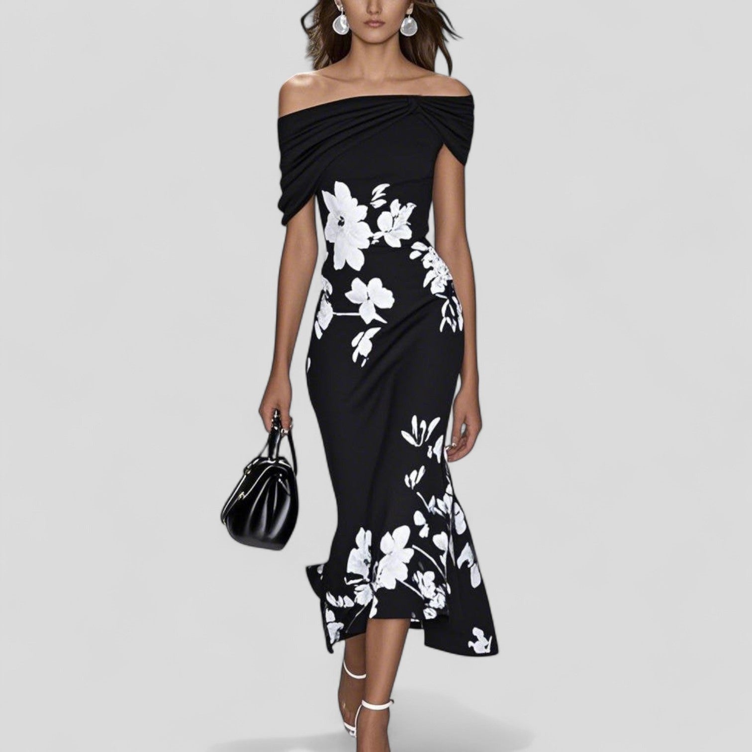 Floral Wedding Guest Midi Dress - Black