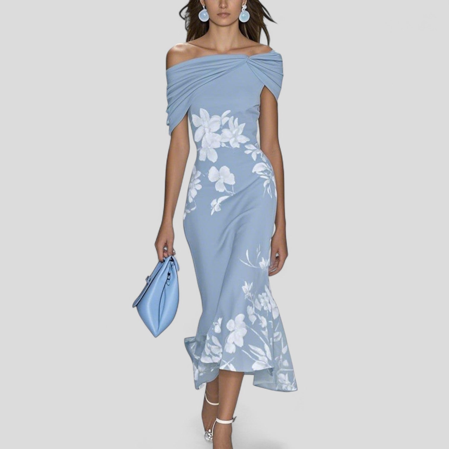 Floral Wedding Guest Midi Dress - Blue
