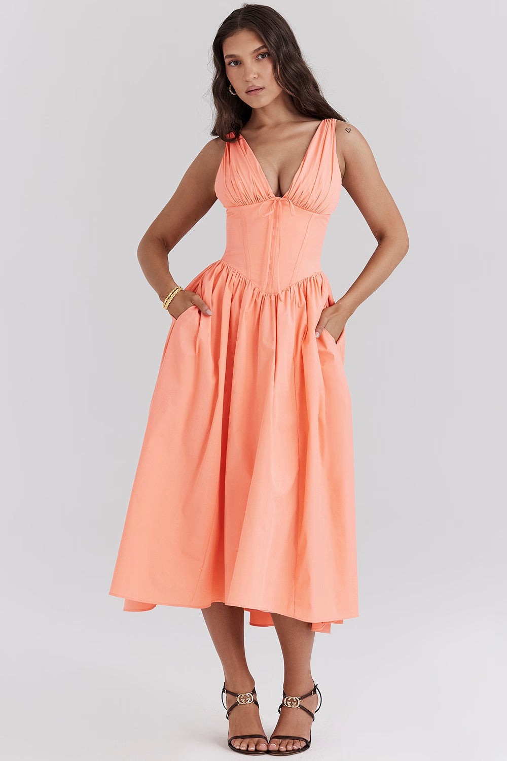 Floral Wedding Guest Midi Dress - Peach