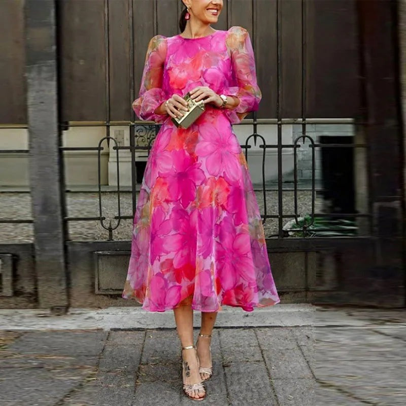 Floral Wedding Guest Midi Dress - Pink