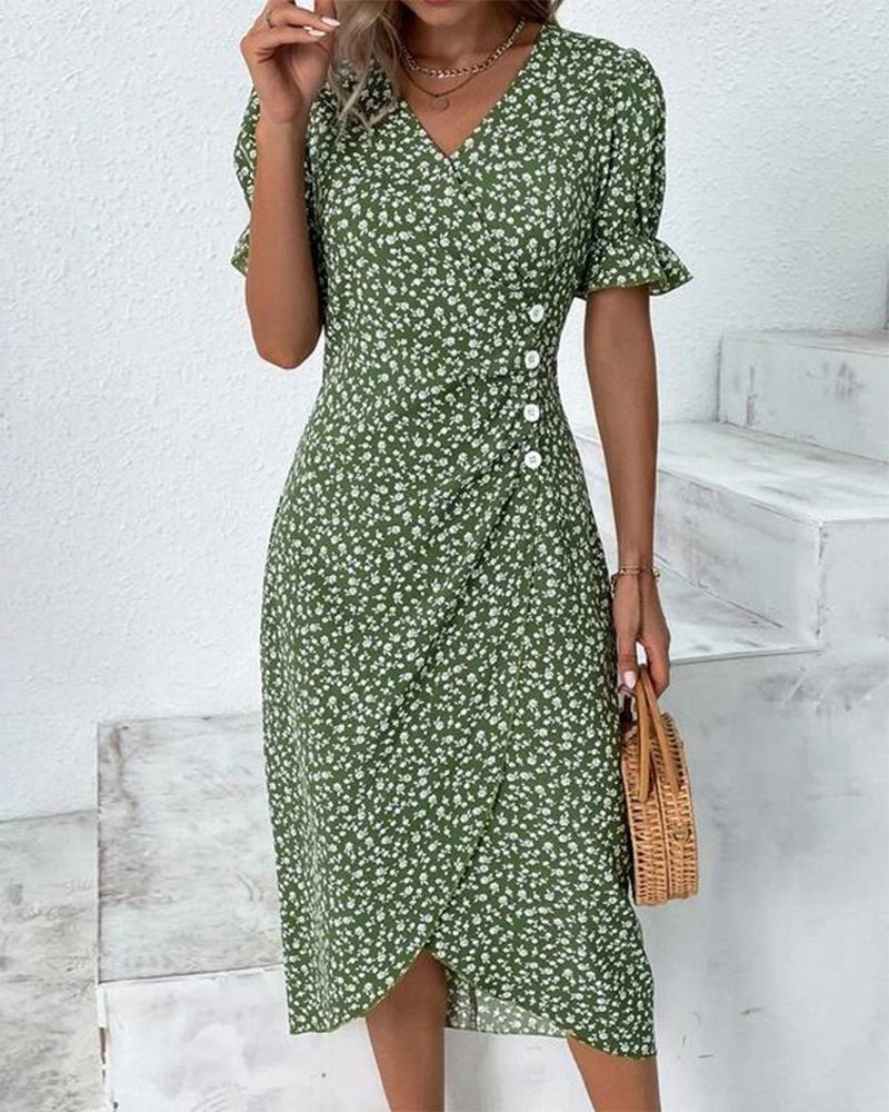 Floral Wrap Midi Dress - Green