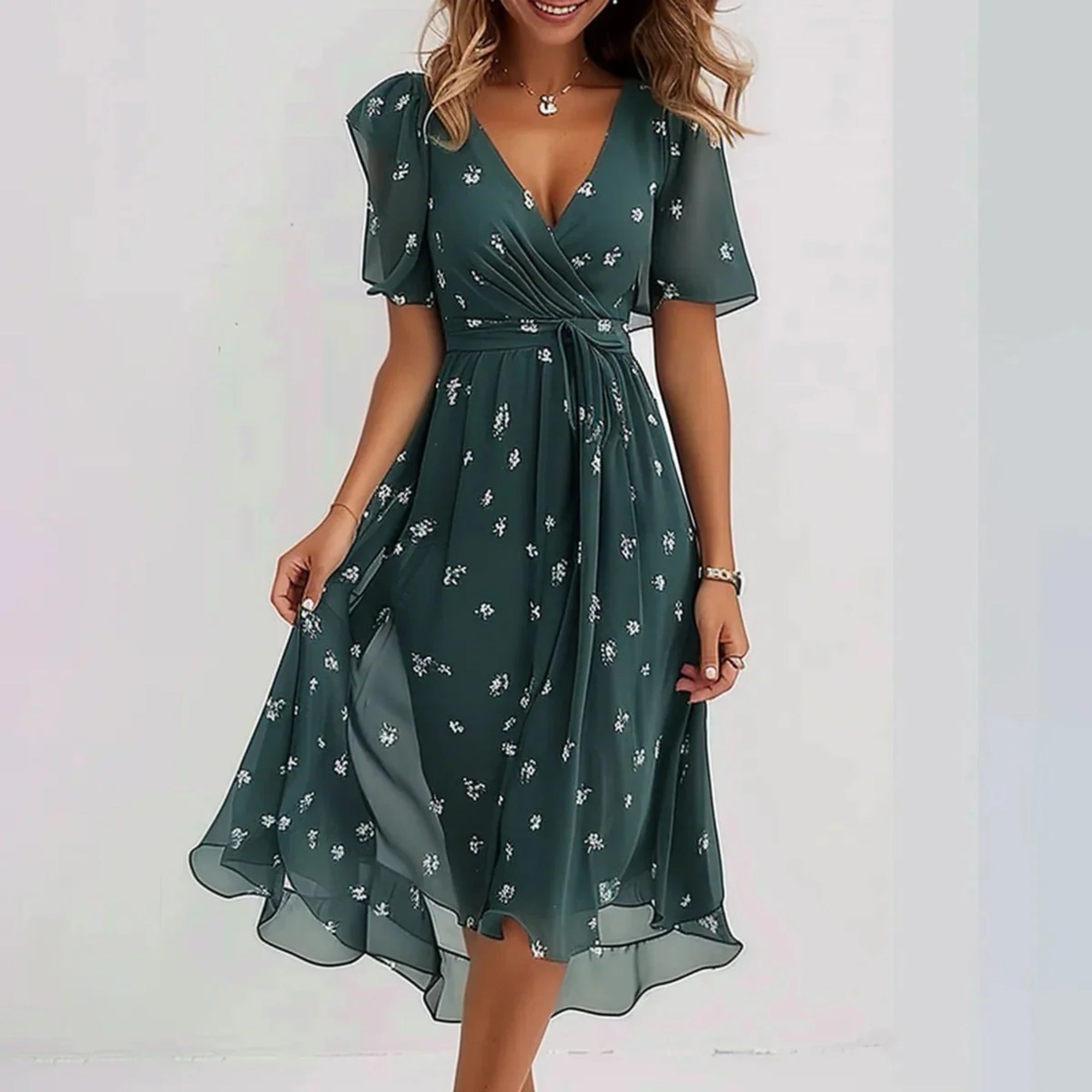 Floral Wrap Midi Dress - Green