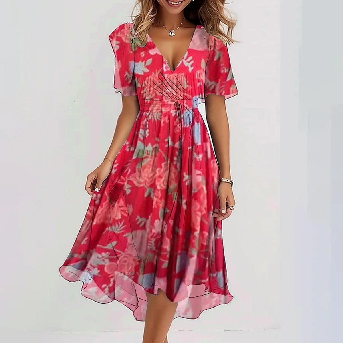Floral Wrap Midi Dress - Pink