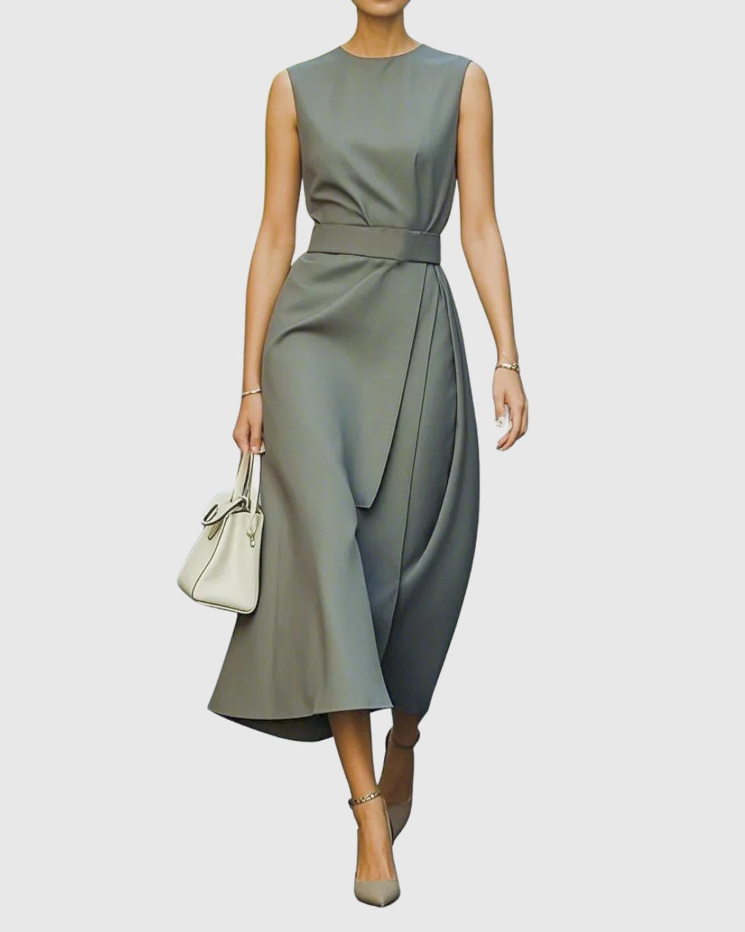 Formal Ruched Midi Dress - Grey