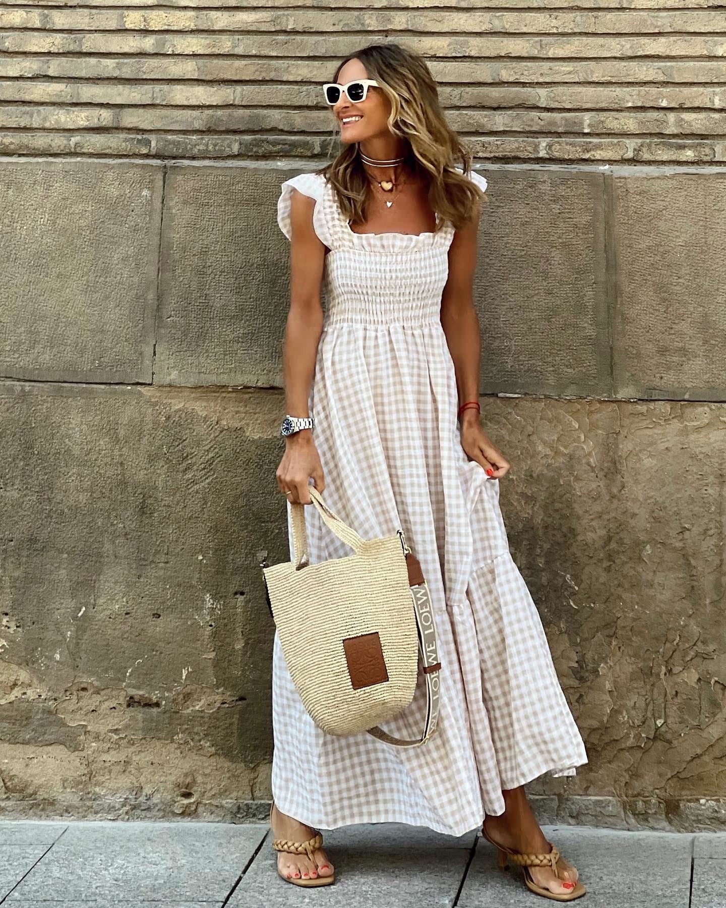 Gingham Maxi Dress - Beige
