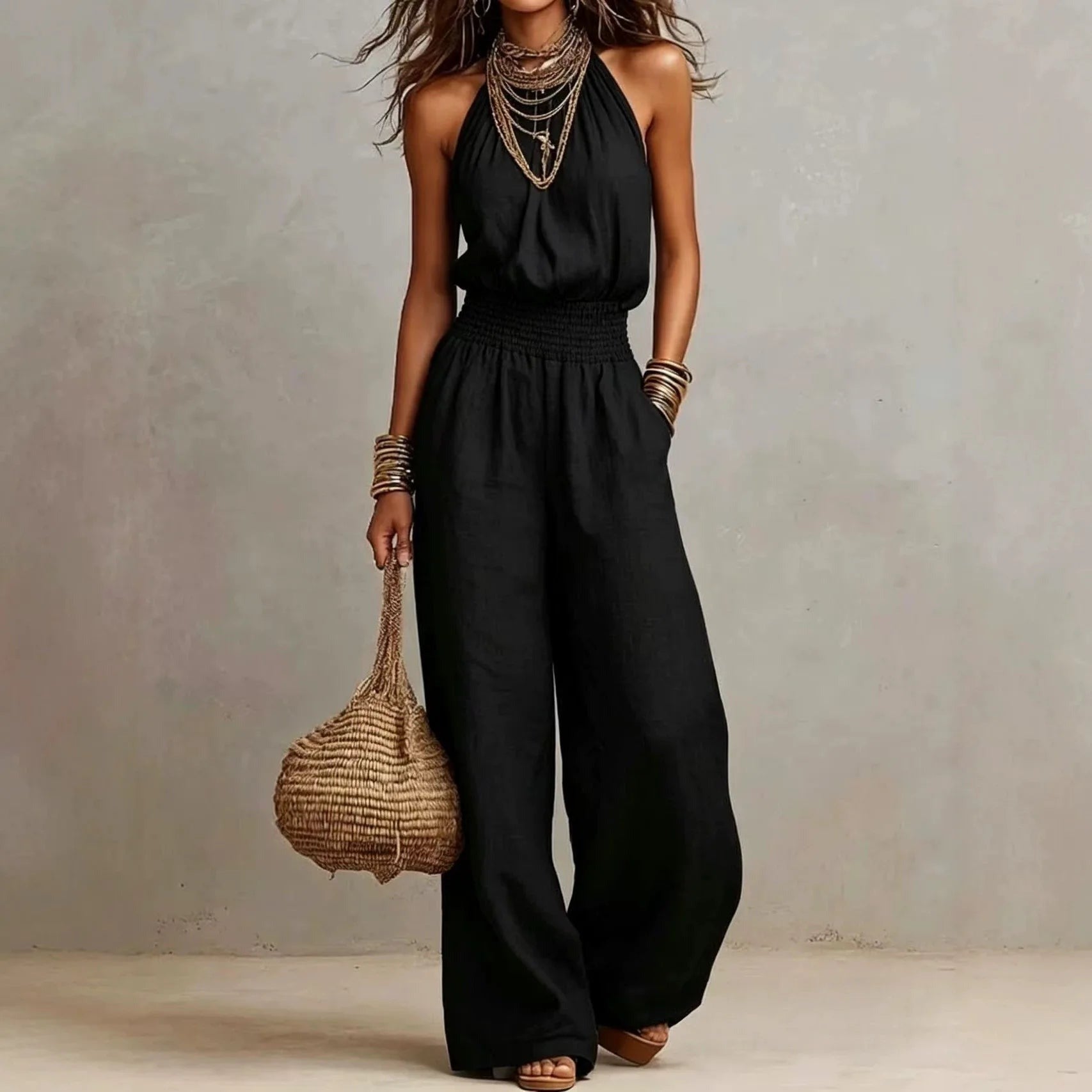 Halter Wide Leg Jumpsuit - Black