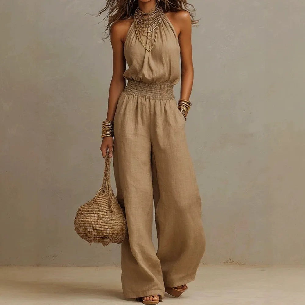 Halter Wide Leg Jumpsuit - Brown