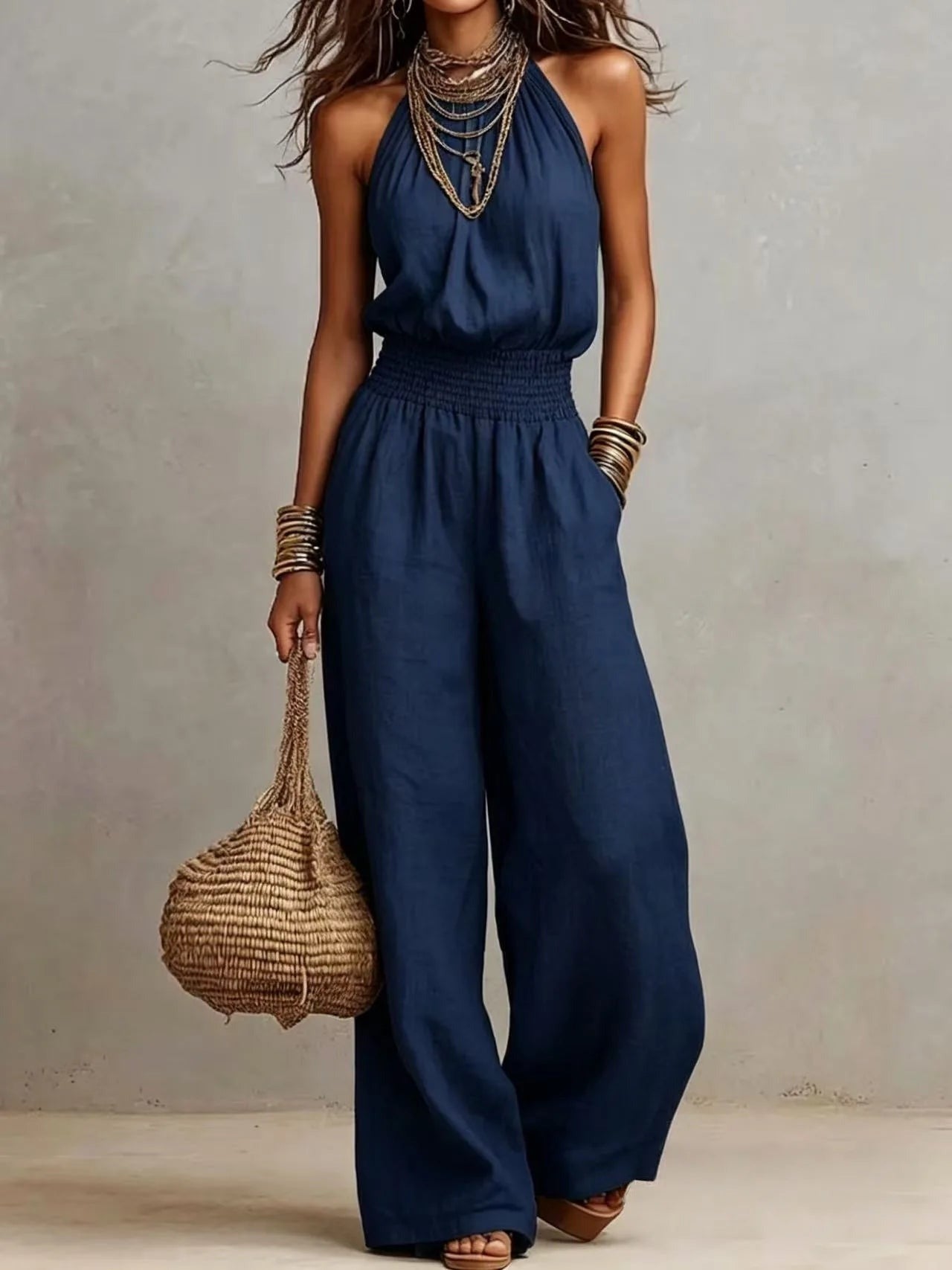 Halter Wide Leg Jumpsuit - Dark Blue